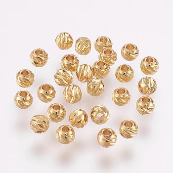 Carved Brass Beads, Long-Lasting Plated, Round, Real 18K Gold Plated, 3.5~4x3mm, Hole: 2mm