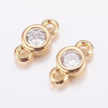 Brass Micro Pave Cubic Zirconia Links, Long-Lasting Plated, Cadmium Free & Nickel Free & Lead Free, Flat Round, Real 18K Gold Plated, 4x8x2mm, Hole: 1mm