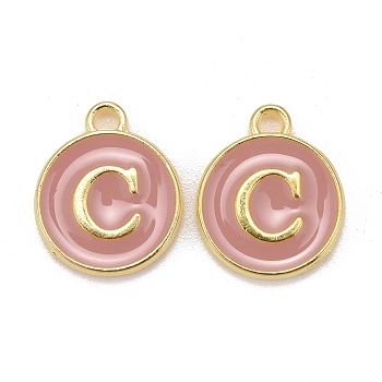 Golden Plated Alloy Enamel Charms, Cadmium Free & Lead Free, Enamelled Sequins, Flat Round with Letter, Pink, Letter.C, 14x12x2mm, Hole: 1.5mm