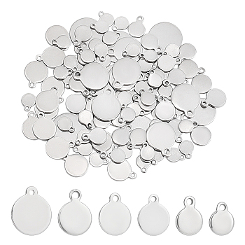 6 Style 304 Stainless Steel Blank Charms, Flat Round, Stainless Steel Color, 6.5~14x5~12x0.75~0.9mm, Hole: 1~1.5mm, 170pcs/box