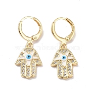 Real 18K Gold Plated Brass Dangle Leverback Earrings, with Enamel and Cubic Zirconia, Hamsa Hand with Evil Eye, White, 31x12.5mm(EJEW-L269-014G-02)