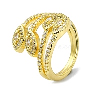Brass with Cubic Zirconia Open Cuff Ring, Leaf, Real 18K Gold Plated, Inner Diameter: 18mm(RJEW-B051-14G)