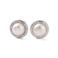 925 Sterling Silver Studs Earring, with Cubic Zirconia and Natural Pearl, Round, Platinum, 11.5mm(EJEW-H002-12P)