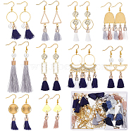 DIY Tassel Dangle Earring Making Kit, Including Polyester & Polycotton Big Pendant, Triangle & Moon & Rectangle Alloy & Brass Link Connectors, Brass Earring Hooks, Glass Pearl Beads, Golden, 144Pcs/box(DIY-SC0020-42)