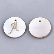 Natural Freshwater Shell Pendants, with Golden Plated Brass Etched Metal Embellishments, Flat Round with Letter, Letter.A, 15x2mm, Hole: 1.2mm(SHEL-N027-04A)