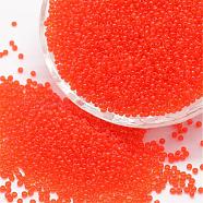 15/0 Glass Seed Beads, Grade A, Round, Transparent Colours, Orange Red, 1.3~1.5mm, Hole: 0.5mm, about 75000pcs/pound(SEED-J013-F15-09B)