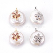 Natural Cultured Freshwater Pearl Pendants, with Brass Cubic Zirconia Cabochons, Long-Lasting Plated, Nuggets with Flower, Mixed Color, 17~20x13~15x7~8.5mm, Hole: 1.4~1.5mm(PEAR-F008-47)