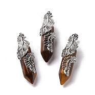 Natural Tiger Eye Pendants, with Platinum Tone Brass Findings, Cadmium Free & Lead Free, Double Terminal Pointed Bullet with Feather, 45~47.5x14~14.5x13~14mm, Hole: 8x5mm(G-E059-02AS-03)