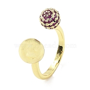 Cubic Zirconia Round with Flower Open Cuff Ring, Rack Plating Real 18K Gold Plated Brass Ring, Long-Lasting Plated, Fuchsia, Inner Diameter: 18mm(RJEW-H218-01G-04)