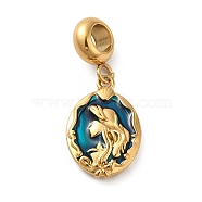 Ion Plating(IP) 304 Stainless Steel Dodger Blue Enamel European Dangle Charms, Large Hole Pendants, Oval with Fishtail & Mermaid Pattern, Golden, 28mm, Pendant: 18x12x3mm, Hole: 4.5mm(STAS-G308-34G)