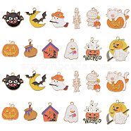 24Pcs 12 Style Halloween Theme Alloy Enamel Pendants, Light Gold, Bat & House &umpkin Jack-O'-Lantern with Ghost & Jar, Mixed Color, 20~32.5x10~29x1~3mm, Hole: 1.4~2mm, 2pcs/style(ENAM-SC0003-30)