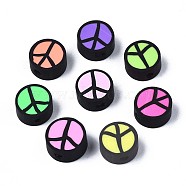 Handmade Polymer Clay Beads, Flat Round with Peace Sign, Mixed Color, 9~10x4.5mm, Hole: 1.6mm(X-CLAY-N007-006)