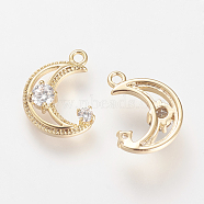 Brass Micro Pave Cubic Zirconia Charms, Nickel Free, Real 18K Gold Plated, Moon, 14x10.5x3mm, Hole: 1.5mm(X-KK-R058-015G)