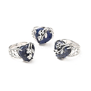 Natural Lapis Lazuli Adjustable Rings, Platinum Tone Heart with Flower Brass Rings for Women, Cadmium Free & Lead Free, US Size 6 3/4(17.1mm), 4.5~9mm(RJEW-P043-03P-13)