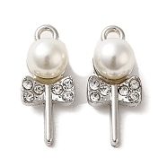 Alloy with Rhinestone Pendants, with ABS Imitation Pearl, Lollipop Charms, Platinum, 24.5x10.5x9mm, Hole: 2mm(FIND-B032-01P)