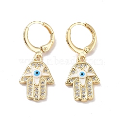 Real 18K Gold Plated Brass Dangle Leverback Earrings, with Enamel and Cubic Zirconia, Hamsa Hand with Evil Eye, White, 31x12.5mm(EJEW-L269-014G-02)