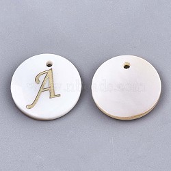 Natural Freshwater Shell Pendants, with Golden Plated Brass Etched Metal Embellishments, Flat Round with Letter, Letter.A, 15x2mm, Hole: 1.2mm(SHEL-N027-04A)