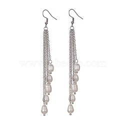 Natural Pearl Beads Dangle Earrings, 304 Stainless Steel Chains Tassel Earrings, Stainless Steel Color, 104mm(EJEW-JE05413-02)