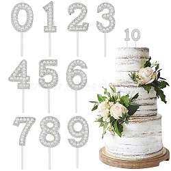 10 Sets 10 Style Number Plastic Imitation Pearl & Rhinestone Cake Toppers, Cake Insert Cards, for Cake Decoration, White, 45~49x19~36x5.5mm, 1 set/style(FIND-CP0001-67)