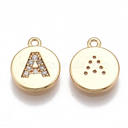 Brass Cubic Zirconia Charms, Flat Round with Letter, Real 18K Gold Plated, Clear, Letter.A, 12x10x2mm, Hole: 1mm(X-KK-T038-194G-A)