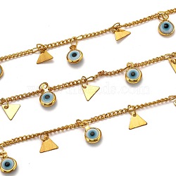 3.28 Feet Brass Curb Chains, with Evil Eye Glass Charms, Long-Lasting Plated, Soldered, Triangle, Golden, Links: 2.5x1.9x0.5mm, Charms: 7.5x6.6x0.3mm and 10x6.8x3mm(X-CHC-L039-11G)