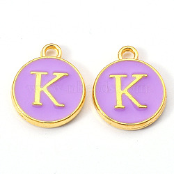 Golden Plated Alloy Enamel Charms, Enamelled Sequins, Flat Round with Letter, Medium Purple, Letter.K, 14x12x2mm, Hole: 1.5mm(ENAM-S118-10K)