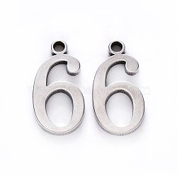 201 Stainless Steel Charms, Number, Laser Cut, Stainless Steel Color, Num.6, 15x8x1.5mm, Hole: 1.5mm(STAS-R108-06)