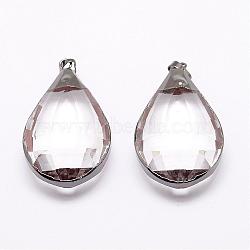 Faceted Glass Big Pendants, with Brass Finding, teardrop, Gunmetal, 51x30x15mm, Hole: 5x8mm(GLAA-G025-02)