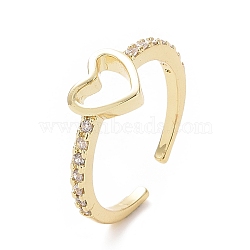 Clear Cubic Zirconia Hollow Out Heart Open Cuff Ring, Brass Jewelry for Women, Golden, US Size 7 1/2(17.7mm)(RJEW-I094-04G)