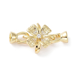 Rack Plating Brass Pave Clear Cubic Zirconia Fold Over Clasps, Cadmium Free & Lead Free, Long-Lasting Plated, Flower, Golden, Flower: 15.5x15x6.5mm, Clasps: 11x6.5x6.5mm(KK-M265-09G)