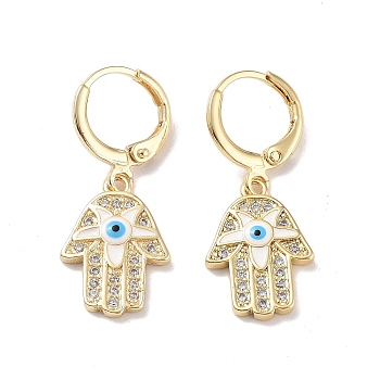 Real 18K Gold Plated Brass Dangle Leverback Earrings, with Enamel and Cubic Zirconia, Hamsa Hand with Evil Eye, White, 31x12.5mm