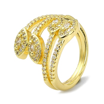 Brass with Cubic Zirconia Open Cuff Ring, Leaf, Real 18K Gold Plated, Inner Diameter: 18mm