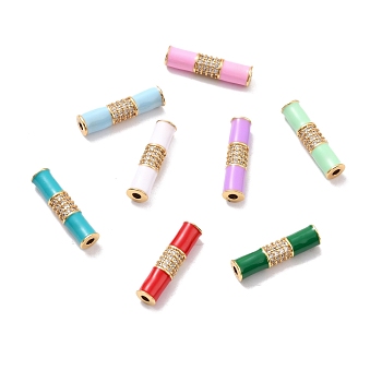 Eco-Friendly Brass Enamel Tube Beads, Micro Pave Clear Cubic Zirconia, Long-Lasting Real 18K Gold Plated, Lead Free & Cadmium Free & Nickel Free, Mixed Color, 20x5mm, Hole: 1.8mm