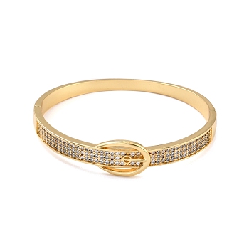 Clear Cubic Zirconia Clasp Shape Bangle, Brass Hinged Flat Band Bangle for Women, Lead Free & Cadmium Free, Real 18K Gold Plated, Inner Diameter: 2-3/8 inch(5.9cm)x2-1/8 inch(5.45cm)