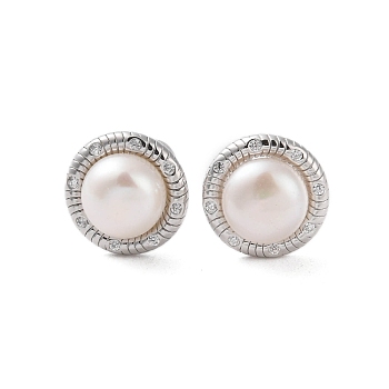 925 Sterling Silver Studs Earring, with Cubic Zirconia and Natural Pearl, Round, Platinum, 11.5mm