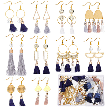 DIY Tassel Dangle Earring Making Kit, Including Polyester & Polycotton Big Pendant, Triangle & Moon & Rectangle Alloy & Brass Link Connectors, Brass Earring Hooks, Glass Pearl Beads, Golden, 144Pcs/box