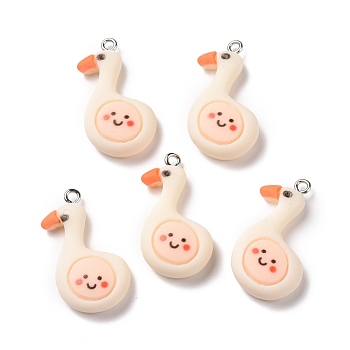 Opaque Resin Pendants, with Platinum Tone Iron Loops, Goose with Smilling Face, Antique White, 31x17x7.5mm, Hole: 2mm
