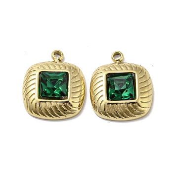 304 Stainless Steel Charms, with Green Glass, Square, Real 14K Gold Plated, 14.5x12x3mm, Hole: 1.2mm