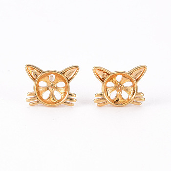 Brass Stud Earrings Findings, for Half Drilled Bead, Nickel Free, Cat, Real 18K Gold Plated, 8.5x10.5mm, Pin: 0.8mm, Pin: 0.8mm(for Half Drilled Bead)