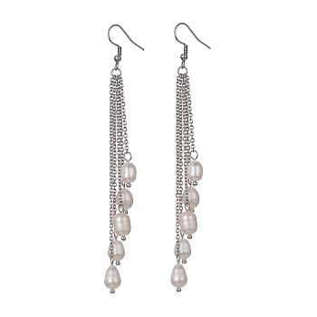 Natural Pearl Beads Dangle Earrings, 304 Stainless Steel Chains Tassel Earrings, Stainless Steel Color, 104mm