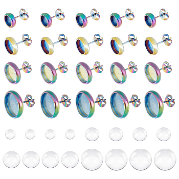 DICOSMETIC DIY Half Round Earring Making Kits, Including 304 Stainless Steel Stud Earring Settings, Glass Cabochons, Rainbow Color, 64pcs/box