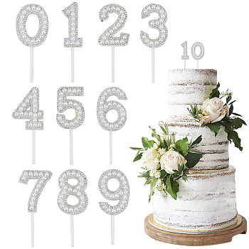 10 Sets 10 Style Number Plastic Imitation Pearl & Rhinestone Cake Toppers, Cake Insert Cards, for Cake Decoration, White, 45~49x19~36x5.5mm, 1 set/style