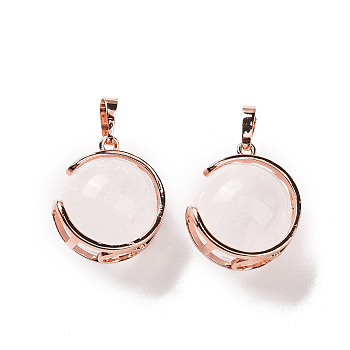 Natural Quartz Crystal Pendants, Rock Crystal Pendants, Ball Sphere Charms with Rose Gold Tone Brass Findings, 24x21x18mm, Hole: 8x5mm