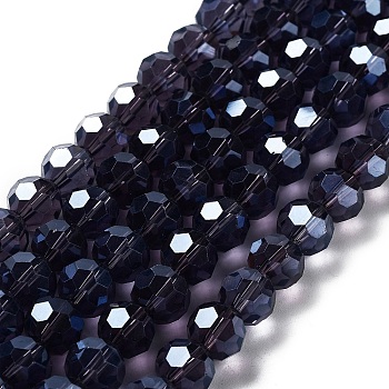 Electroplate Transparent Glass Beads Strands, Faceted(32 Facets), Round, Pearl Luster Plated, Indigo, 10mm, Hole: 1.2mm, about 65~69pcs/strand, 23.03~24.49 inch(58.5~62.2cm)