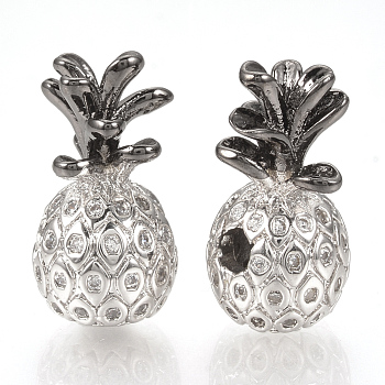 Rack Plating Brass Cubic Zirconia Beads, Long-Lasting Plated, Pineapple, Clear, Gunmetal & Platinum, 17x9mm, Hole: 2mm