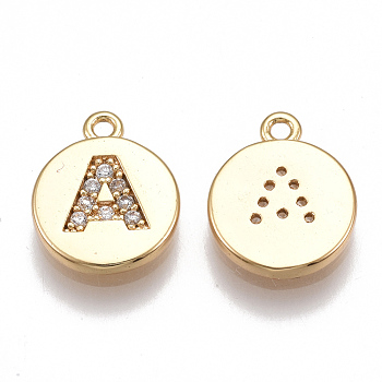 Brass Cubic Zirconia Charms, Flat Round with Letter, Real 18K Gold Plated, Clear, Letter.A, 12x10x2mm, Hole: 1mm