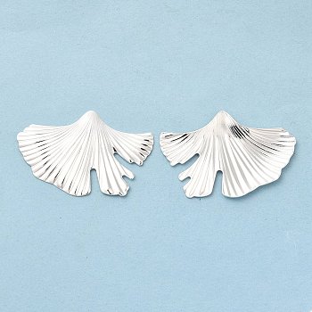 Brass Cabochons, Cadmium Free & Lead Free, Ginkgo Leaf, 925 Sterling Silver Plated, 21x32x1mm