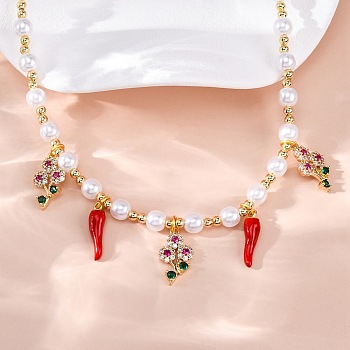 Brass Micro Pave Clear Cubic Zirconia Beaded Necklaces, with ABS Imitation Pearl Beads and Enamel, Cadmium Free & Lead Free, Long-Lasting Plated, Rack Plating, Flower, 16.77 inch(42.6cm)