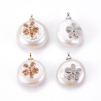 Natural Cultured Freshwater Pearl Pendants, with Brass Cubic Zirconia Cabochons, Long-Lasting Plated, Nuggets with Flower, Mixed Color, 17~20x13~15x7~8.5mm, Hole: 1.4~1.5mm
