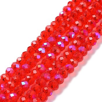 Electroplate Glass Beads Strands, Half Rainbow Plated, Faceted, Rondelle, Red, 3x2mm, Hole: 0.8mm, about 150~155pcs/strand, 15~16 inch(38~40cm)